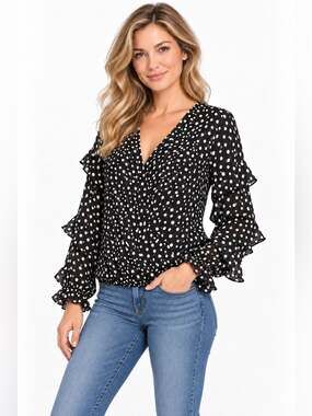 Max Studio Black White Polka Dot Ruffle Sleeve Wrap Blouse Small cottegecore